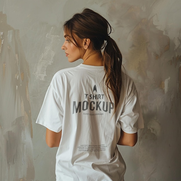 PSD mockup white tshirt oversize worn by women with greystudio background