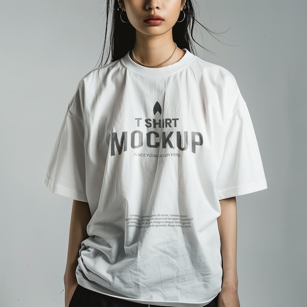 PSD mockup white tshirt oversize worn by women with greystudio background