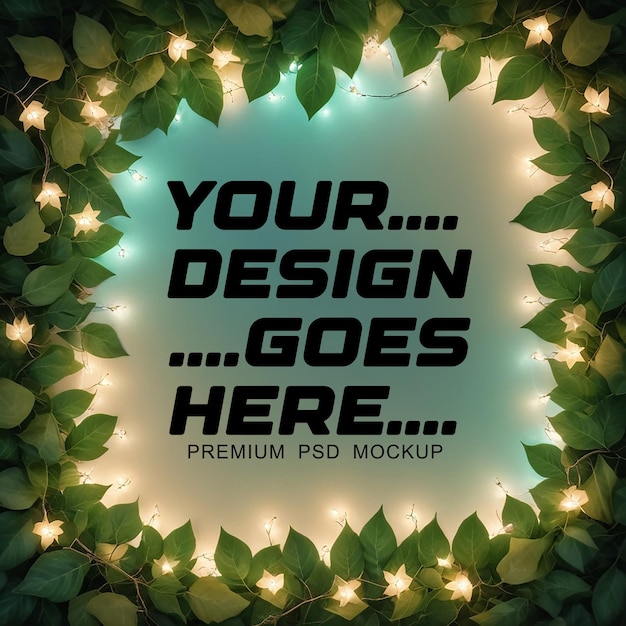 PSD Mockup with string light leaves background