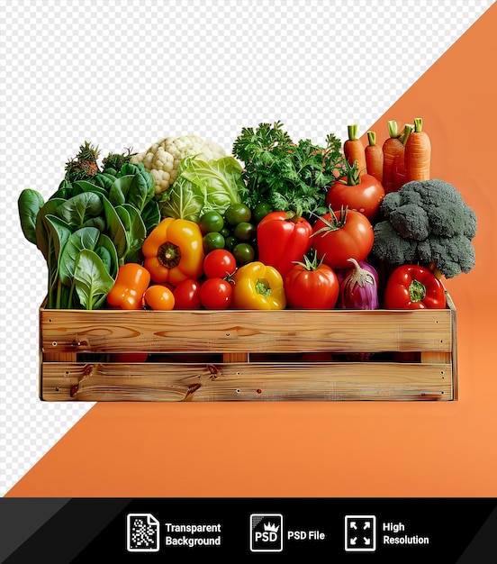 psd mockup of a wooden box full of fresh vegetables including green broccoli red peppers and orange carrots arranged against an orange wall with a dark shadow in the png psd