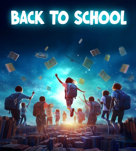 PSD modern poster design of back to school for social media template with childern and flying books