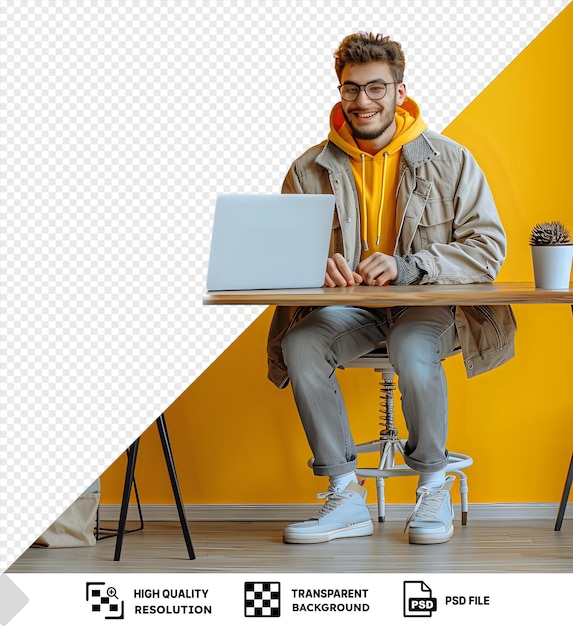 psd in the office working on his laptop at a wooden table with a potted plant and white bag nearby he wears a gray jacket black glasses and a yellow scarf while png