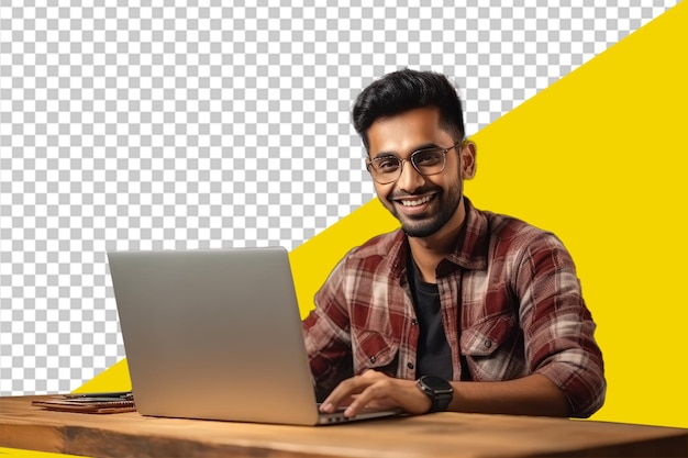 Psd Online Lesson Smiling Young Indian Man Using Laptop ai generated With Transparent background