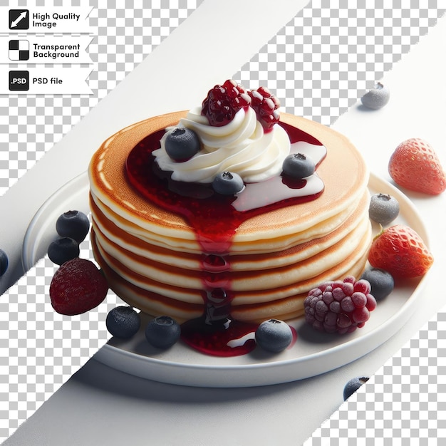 PSD pancakes with berries and cream on transparent background with editable mask layer