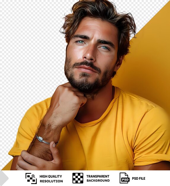 psd pensive man holding his hand on his beard in front of a yellow wall wearing a yellow shirt and silver watch with brown and black hair a large nose and blue png psd