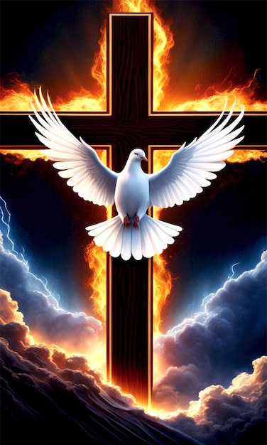 PSD Pentecost white dove background with Holy Spirit on fire surrounded by on a cross