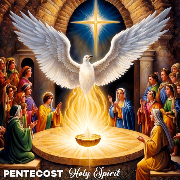 PSD Pentecost white dove background with Holy Spirit on fire