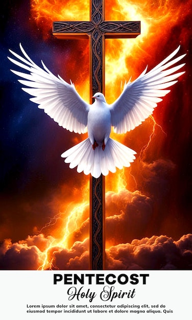 PSD Pentecost with Holy Spirit White dove surrounded by fire standing on a gold cross