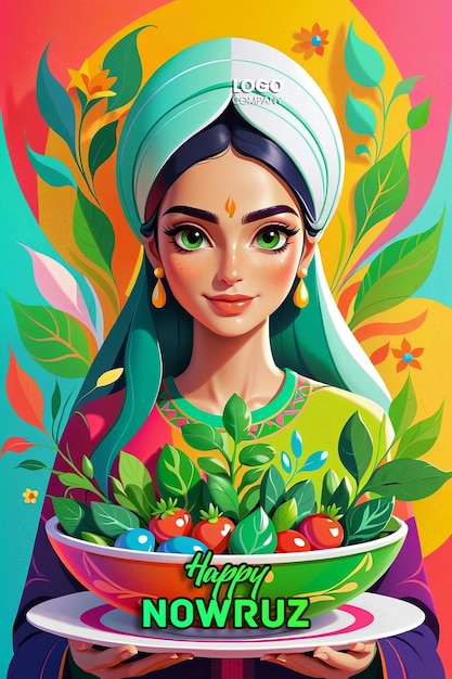 PSD Persian New Year a banner with a darkhaired girl in her hands and a vase with sprouted wheat