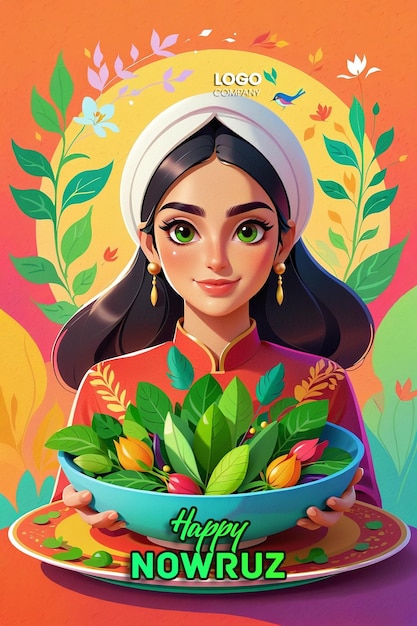 PSD Persian New Year a banner with a darkhaired girl in her hands and a vase with sprouted wheat