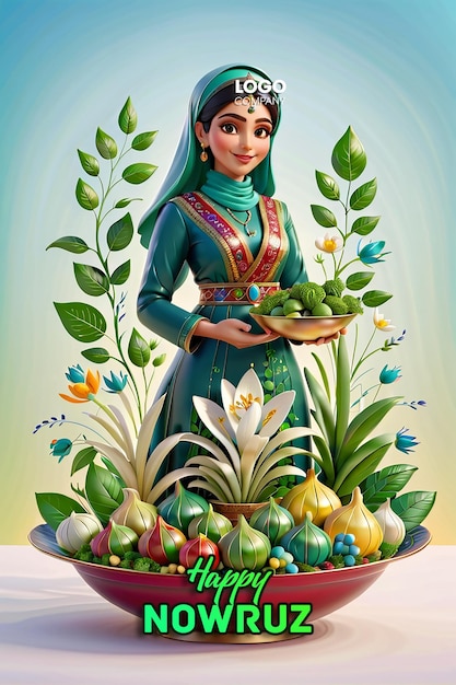 PSD Persian New Year a banner with a darkhaired girl in her hands and a vase with sprouted wheat