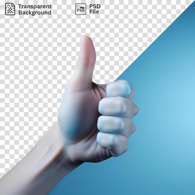 PSD psd a persons hand with a thumbs up sign against a blue sky with a bent finger visible in the foreground