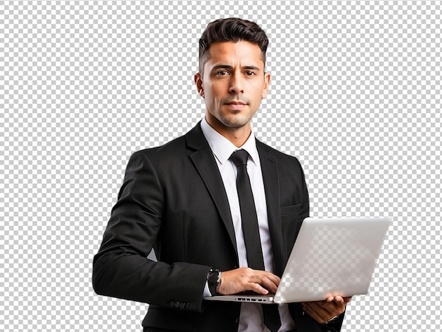 Psd photo a corporate beautiful business man with lapt on transparent background