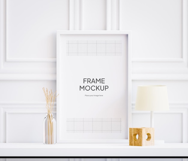 PSD Photo Frame Mockup On Table With Aesthetic Decoration Living Room White Wall