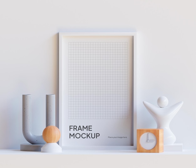 PSD Photo Frame Mockup On Table With Aesthetic Ornament Living Room White Wall