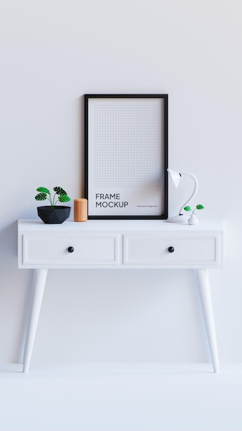 PSD Photo Frame Mockup On Table With Plant and Aesthetic Decoration Living Room White Wall