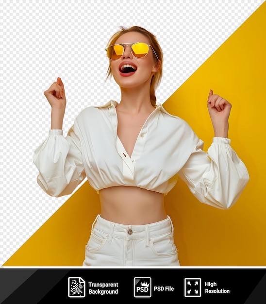 psd photo of shiny charming lady wear white blouse heart glasses dancing empty space isolated pink color on a yellow background