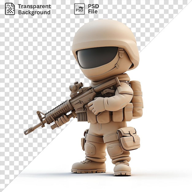 psd picture 3d soldier cartoon standing guard with a large gun wearing a white helmet and tan and brown boots with a white toy nearby and a dark shadow in the background