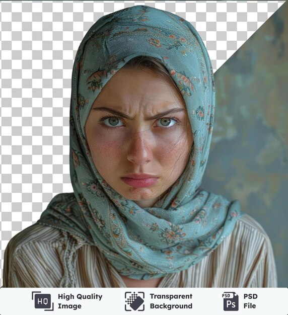 psd picture angry young woman wearing a striped shirt and green scarf with blue and brown eyes a large nose and a red and pink lip stands in front of a blue wall