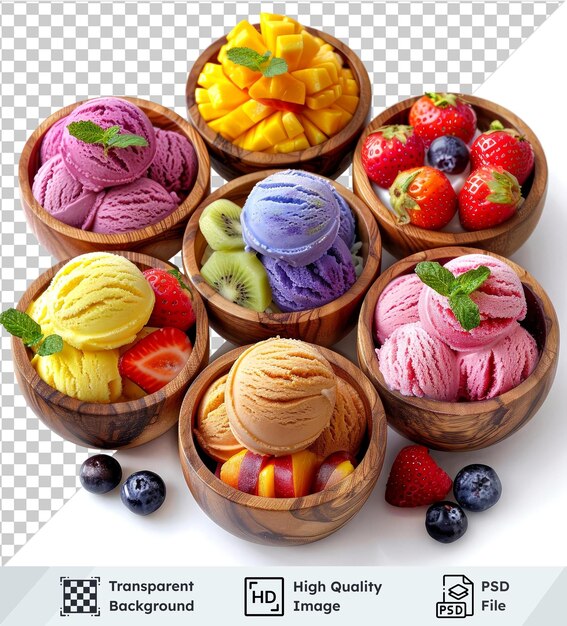 PSD psd picture of assorted highquality hyperrealistic desserts in wooden bowls with fruits on white