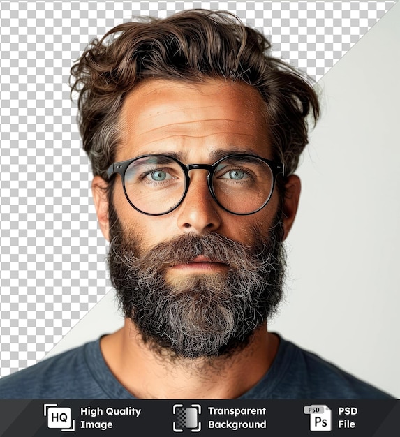 PSD psd picture of a bearded man with black glasses brown hair large nose brown and blue eyes in blue