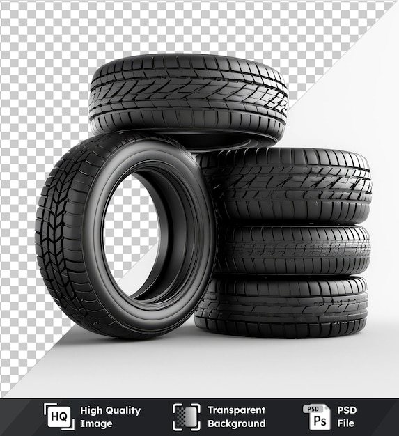 Psd picture of black round car tires set on transparent background with dark shadow