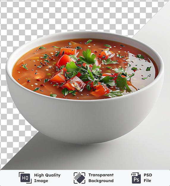 psd picture bowl of gazpacho with tomatoes and basil on a transparent background