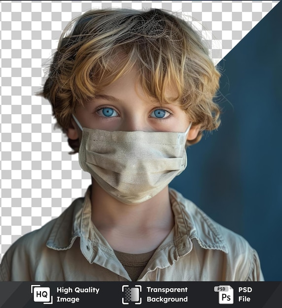 psd picture a boy stands in a mask during a quarantine with free space quarantine in the mask he wears a white shirt and has blond hair his blue eyes are visible