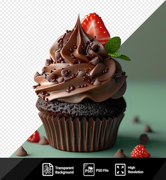 psd picture chocolate cupcake png clipart featuring a chocolate cupcake adorned with a red strawberry and a green leaf placed on a green table against a green wall png psd