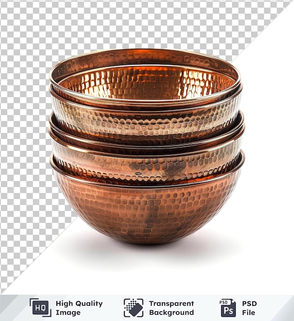 PSD picture of copper bowls with hammered texture reflecting lights on transparent background