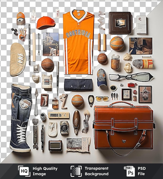 psd picture custom sports memorabilia and collectibles set up featuring a variety of items including a black and white shoe black glasses an orange jersey with the text orange a brown