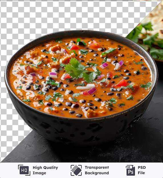 psd picture dal makhani served in a black bowl on a black table garnished with a green leaf