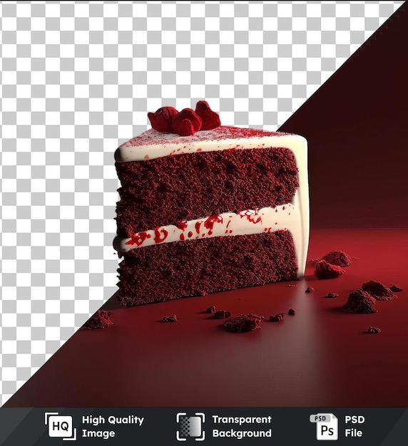 psd picture decadent slice of red velvet cake on a red table