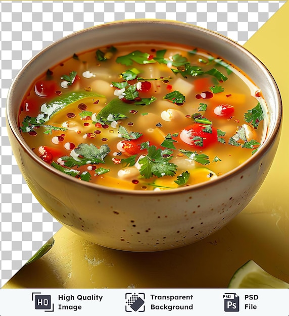 psd picture ezogelin soup served in a white bowl on a yellow table garnished with a sliced lemon