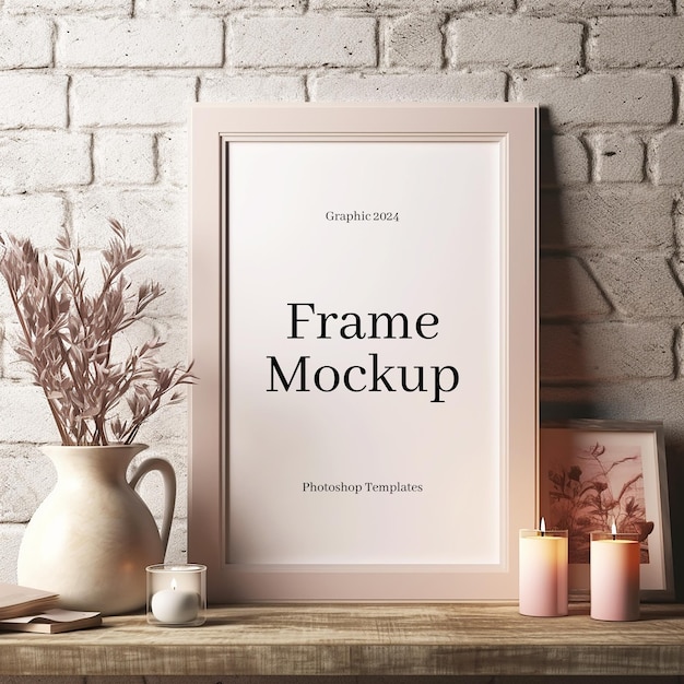 PSD picture frame mockup on table and vase with brick wall