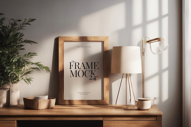 PSD picture frame mockup with sunrise shadow overlay on a wooden sideboard table