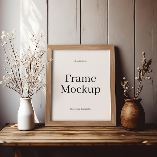 PSD psd picture frame mockup on wooden table and vase with wooden board wall