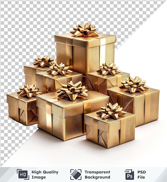 Psd picture of golden gift boxes with brown box box and bow on transparent background