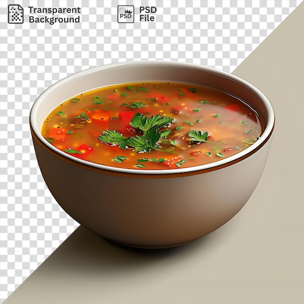 psd picture hearty bowl of soup with carrots and green leaves on a transparent background casting a dark shadow