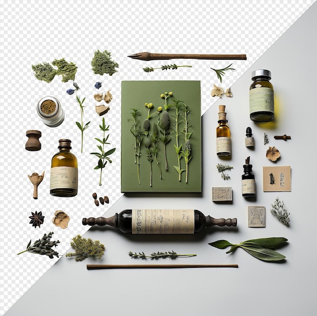 PSD psd picture herbal medicine preparation set featuring a brown bottle green leaf and small clock on a transparent background