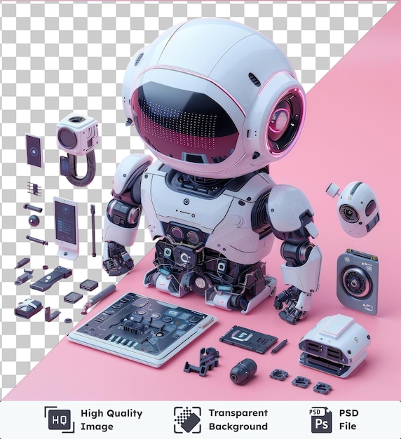 psd picture high tech robotics and automation set up in front of a pink wall featuring a white toy and a gray and silver camera