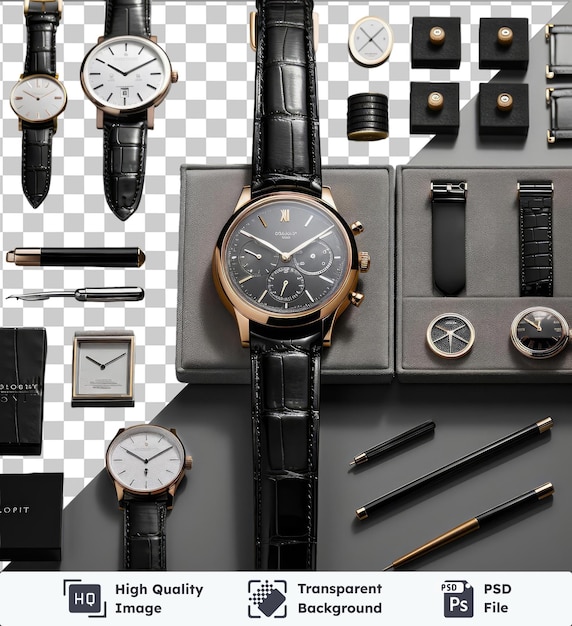 psd picture luxury watch collection set displayed on a black and white wall featuring a variety of watches including a black watch a white and black watch a black and silver watch and