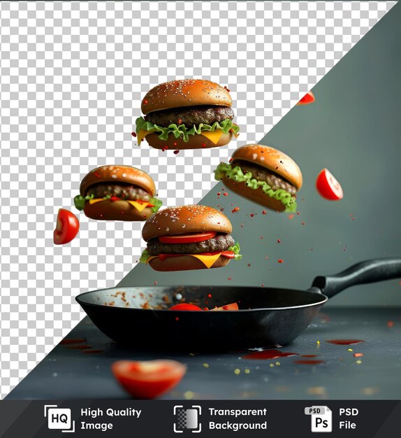 psd picture mockup of homemade burgers flying in a frying pan