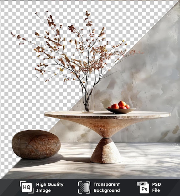 PSD psd picture of a natural stone table with apples against a gray wall tree in the background white