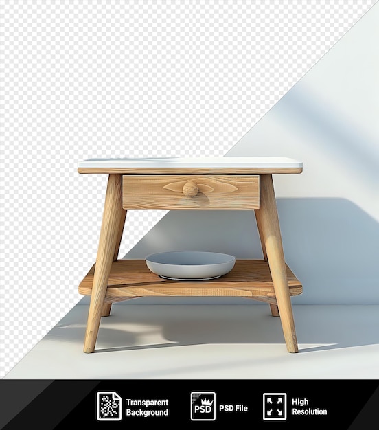 psd picture nightstand with wood legs and white bowl against a white wall casting a white shadow png