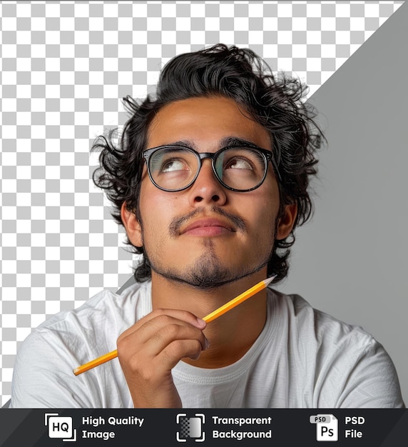 PSD psd picture one young adult latin or hispanic white man wearing t shirt and pencil in hand thinking of a project