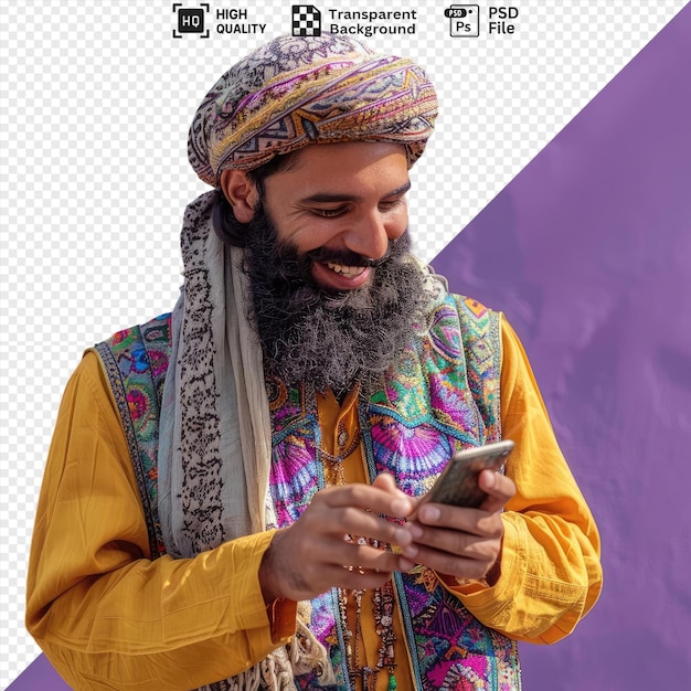 psd picture online a bearded young man texting and smiling while standing in front of a purple wall wearing a white scarf and holding a hand up to his ear png