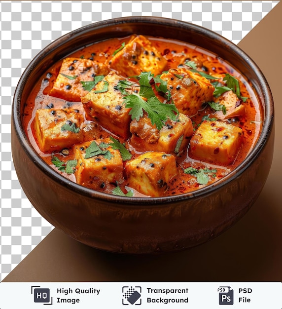 psd picture paneer butter masala served in a wooden bowl on a brown table garnished with a green leaf