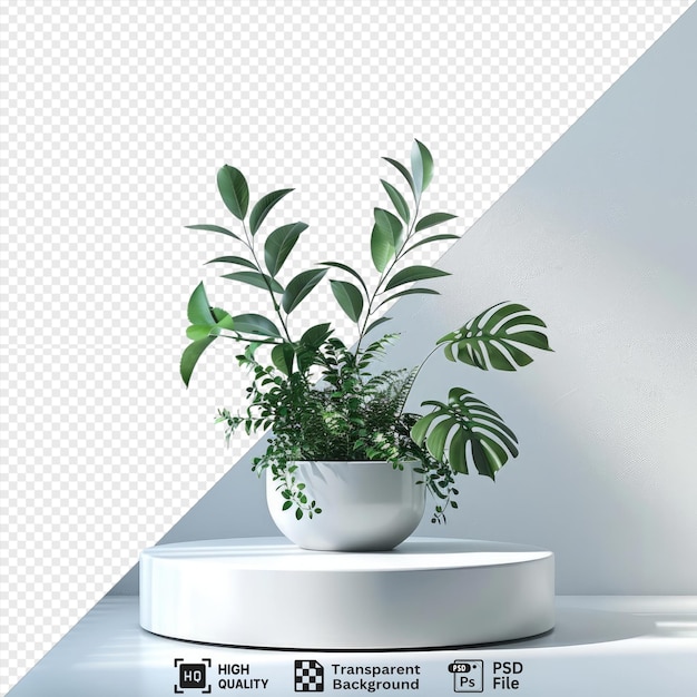 psd picture platform round podium with plant product presentation background featuring a green plant in a white pot placed on a transparent background against a white wall png psd