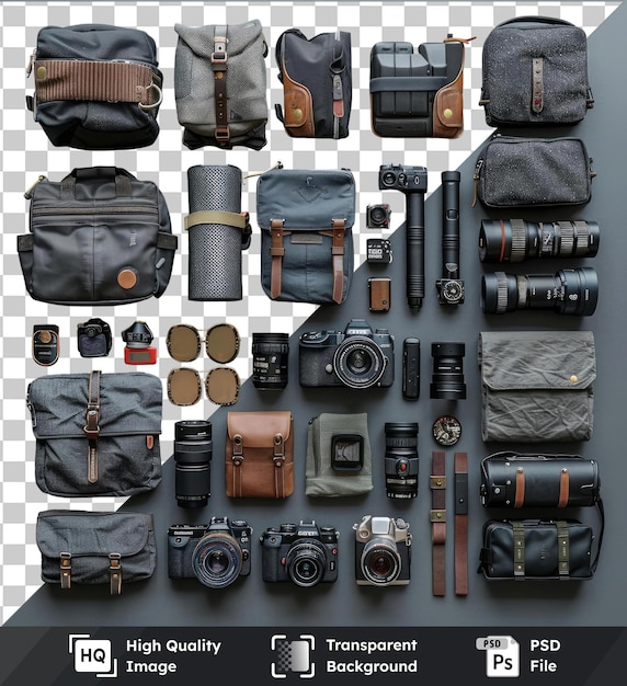 psd picture professional travel blogger gear set featuring a variety of cameras including black silver gray and black and silver models as well as a black bag